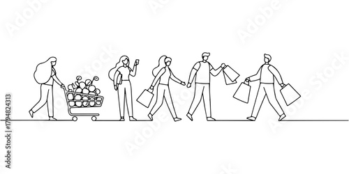 Continuous one line drawing of people shopping for sustainable products, symbolizing the changing consumption patterns in society, line art style vector illustration.