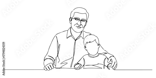 Continuous one line drawing of a teacher helping a disabled child, symbolizing education for people with disabilities, line art style vector illustration.