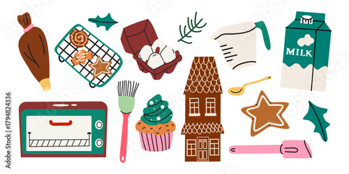Traditional Christmas sweets. Baking ingredients, tools, utensils set. Winter holiday baking elements in cartoon style. Vector illustrations isolated on a white background