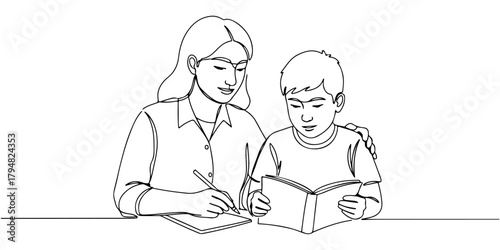 Continuous one line drawing of a teacher helping a disabled child, symbolizing education for people with disabilities, line art style vector illustration.