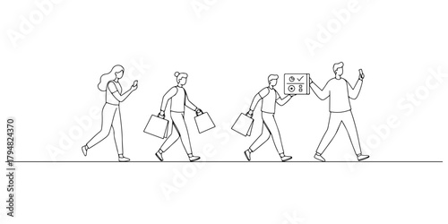 Continuous one line drawing of people shopping for sustainable products, symbolizing the changing consumption patterns in society, line art style vector illustration.