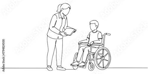 Continuous one line drawing of a teacher helping a disabled child, symbolizing education for people with disabilities, line art style vector illustration.