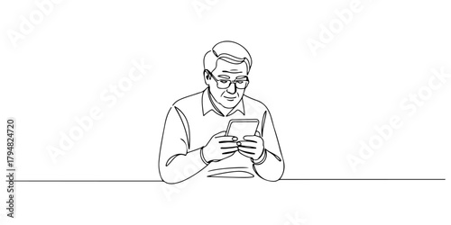 Continuous one line drawing of a person reading news on a digital device, symbolizing the role of media in shaping public opinion, line art style vector illustration.