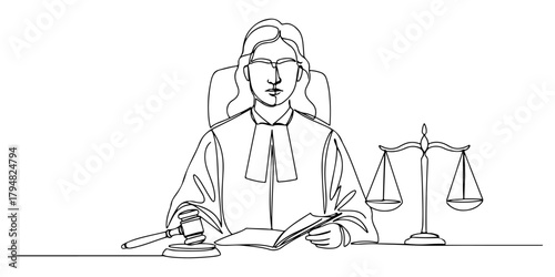 Continuous one line drawing of a judge upholding justice, symbolizing legal system and social justice, line art style vector illustration.