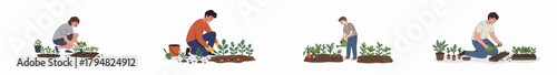 A series of illustrations showing different stages of gardening, including planting, cultivating, and watering vegetable beds.