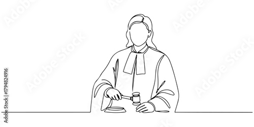 Continuous one line drawing of a judge upholding justice, symbolizing legal system and social justice, line art style vector illustration.