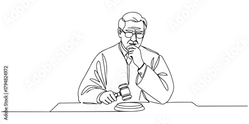 Continuous one line drawing of a judge upholding justice, symbolizing legal system and social justice, line art style vector illustration.
