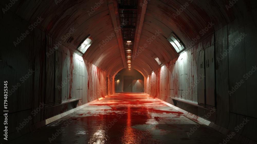Naklejka premium Eerie Dark Tunnel Floor Walls Splattered Blood