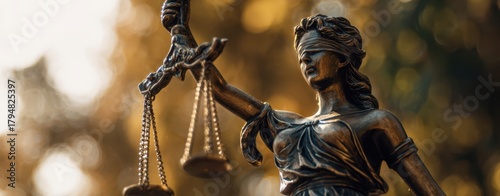 The Lady Justice statue holding balanced scales in warm bronze courtroom light