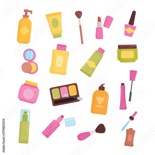 Assorted Makeup and Personal Care Items Including Lipstick, Nail Polish, Palette, and Brushes