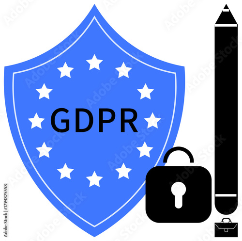 Blue shield with GDPR text surrounded by stars, black lock, pencil, and briefcase symbolizing data protection. Ideal for privacy, security, legal compliance, information management, cybersecurity