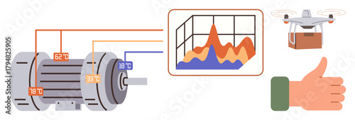 Rotating motor temperature readouts, data graph analysis, delivery quadcopter, and approval hand gesture. Ideal for technology, analytics, IoT, automation, delivery systems machine monitoring