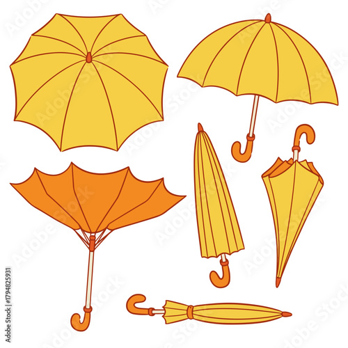 Set of yellow and orange umbrellas in various open and closed positions, illustrated with brown outlines on a white background.