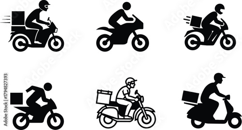 Fast Delivery Biker Icons in Silhouette Style, Motorcycle Delivery Rider Icons Set  Food Delivery Scooter Vector Icons
