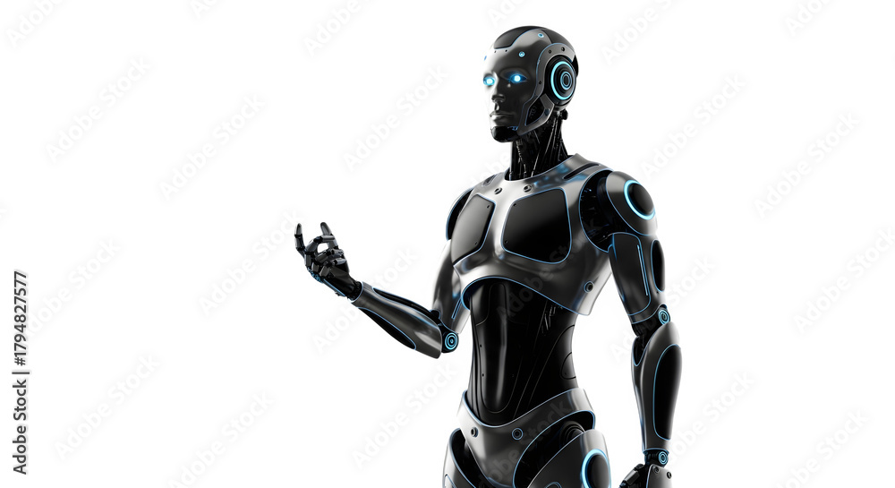 Fototapeta premium Futuristic humanoid robot with glowing blue eyes extending its hand in a dark studio background