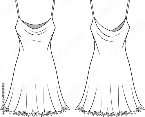 Cowl neck slip dress, fashion technical sketch, flat vector CAD drawing, elegant clothing design illustration template