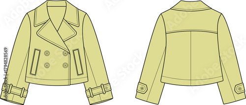Cropped double breasted trench coat technical flat sketch, front and back view, CAD drawing vector illustration