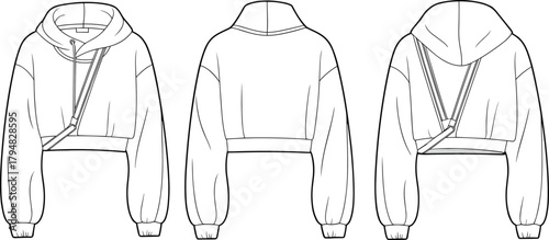 Cropped hoodie fashion flat sketch, long sleeve, hooded top with strap detail, cad drawing flat vector illustration
