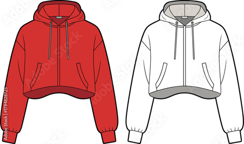 Cropped hoodie fashion sketch with zipper front and drawstring pocket details, women apparel design, cad drawing flat vector illustration