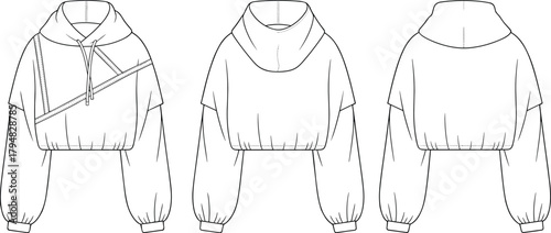 Cropped hoodie technical flat sketch, diagonal zipper design, balloon sleeve gathered hem, front side back view, cad drawing flat vector illustration