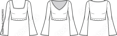Cropped tops fashion design, long flared sleeves, scalloped hem, neckline variations, cad drawing flat vector illustration