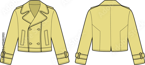 Cropped trench coat technical fashion flat sketch, cad drawing vector illustration, apparel design template front back view
