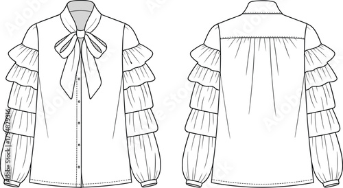 Fashion blouse technical drawing, tiered ruffle sleeve shirt flat sketch, bow tie collar top vector illustration