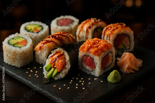 Assorted Sushi Rolls with Salmon, Tuna, and Avocado on Black Slate with Wasabi and Ginger, Japanese Cuisine Close-Up