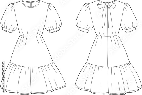 Fashion dress technical flat sketch, puff sleeve tiered dress design, front back view, cad drawing flat vector illustration