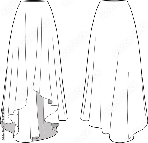 High low skirt technical flat sketch, cascading hem design, front back view, cad drawing vector illustration