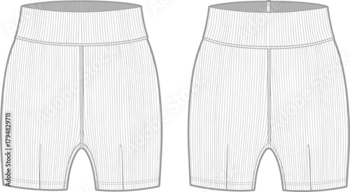 High waisted fitted athletic shorts front back view, sportswear, cad drawing flat vector illustration