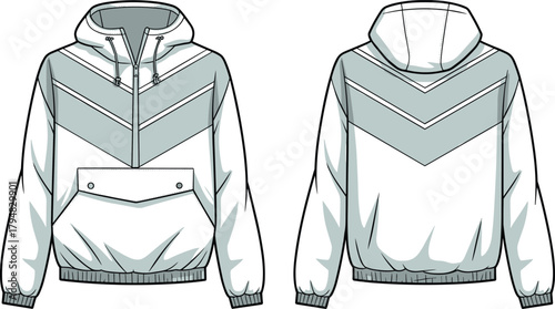 Hooded pullover jacket fashion flat sketch, chevron design, half zip, flap pocket, cad drawing vector illustration
