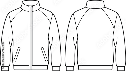 Jacket flat sketch, fashion technical drawing, vector illustration, front back view, apparel design