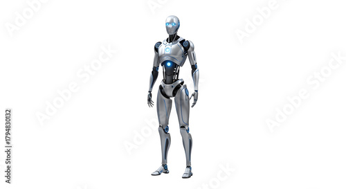 Futuristic humanoid robot standing against a stark black background with a glowing blue chest cavity