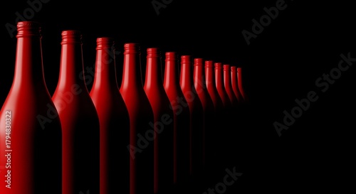 Row of red wine bottles against black background with copy space