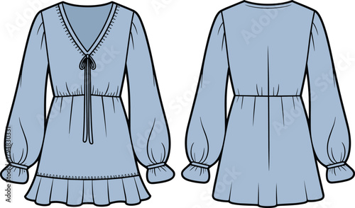 Light blue women’s dress technical flat sketch with puff sleeve, ruffle hem, CAD drawing vector illustration