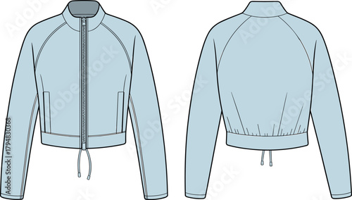 Light blue zip up jacket technical flat sketch with raglan sleeve, drawstring hem, CAD drawing vector illustration