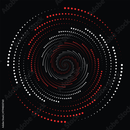 Abstract red-white swirling digital vortex of lights on black background