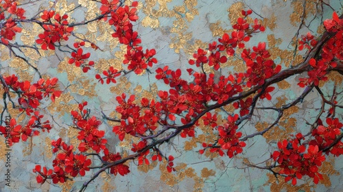 Vibrant Red Blossoms on Textured Gold Blue Painting