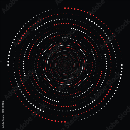 Concentric circles of glowing dots in red and white against black.