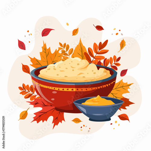 A bowl of mashed potatoes sits beside a gravy boat on a table decorated with fall colors.