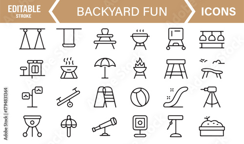 Monochrome Minimal Icons Depicting Summer Play, Family Activities, and Outdoor Gear