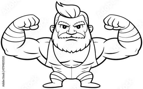 Cartoon wrestler flexing muscles strongman character illustration