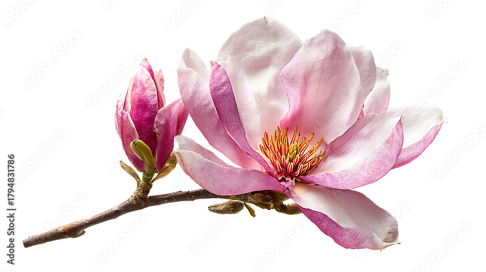 Naklejka premium Pink magnolia flower with bud on stem isolated on transparent background, close up