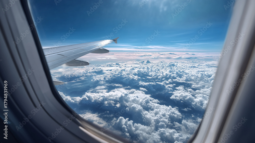 Obraz premium View from airplane window showing wing and clouds against a blue sky background