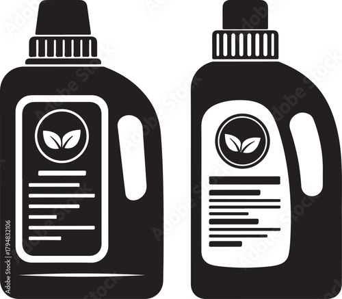 Two black silhouette laundry detergent bottles