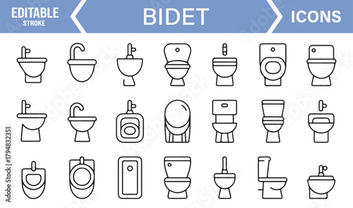Modern Outline Icon Suite Featuring Bidet Types, Water Spray Units, and Sanitary Devices