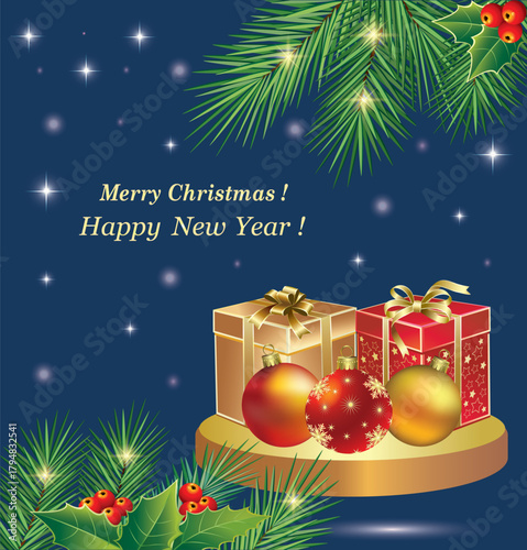 Merry Christmas and Happy New Year. Greeting card with gift boxes and balls decorated fir branches and rowan berries on blue background. Vector illustration