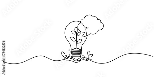 green ecology ideas concept, little tree in plant bulb creativity one line continuous drawing minimalism copy space