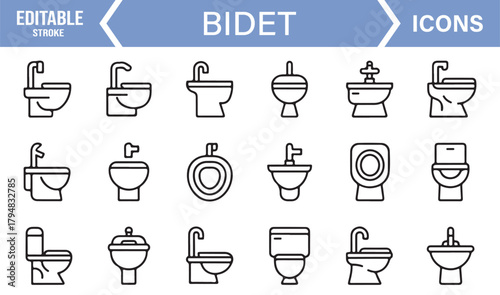 Vector Icon Collection Representing Toilet Seats, Bidets, Plumbing Fixtures, and Wash Units